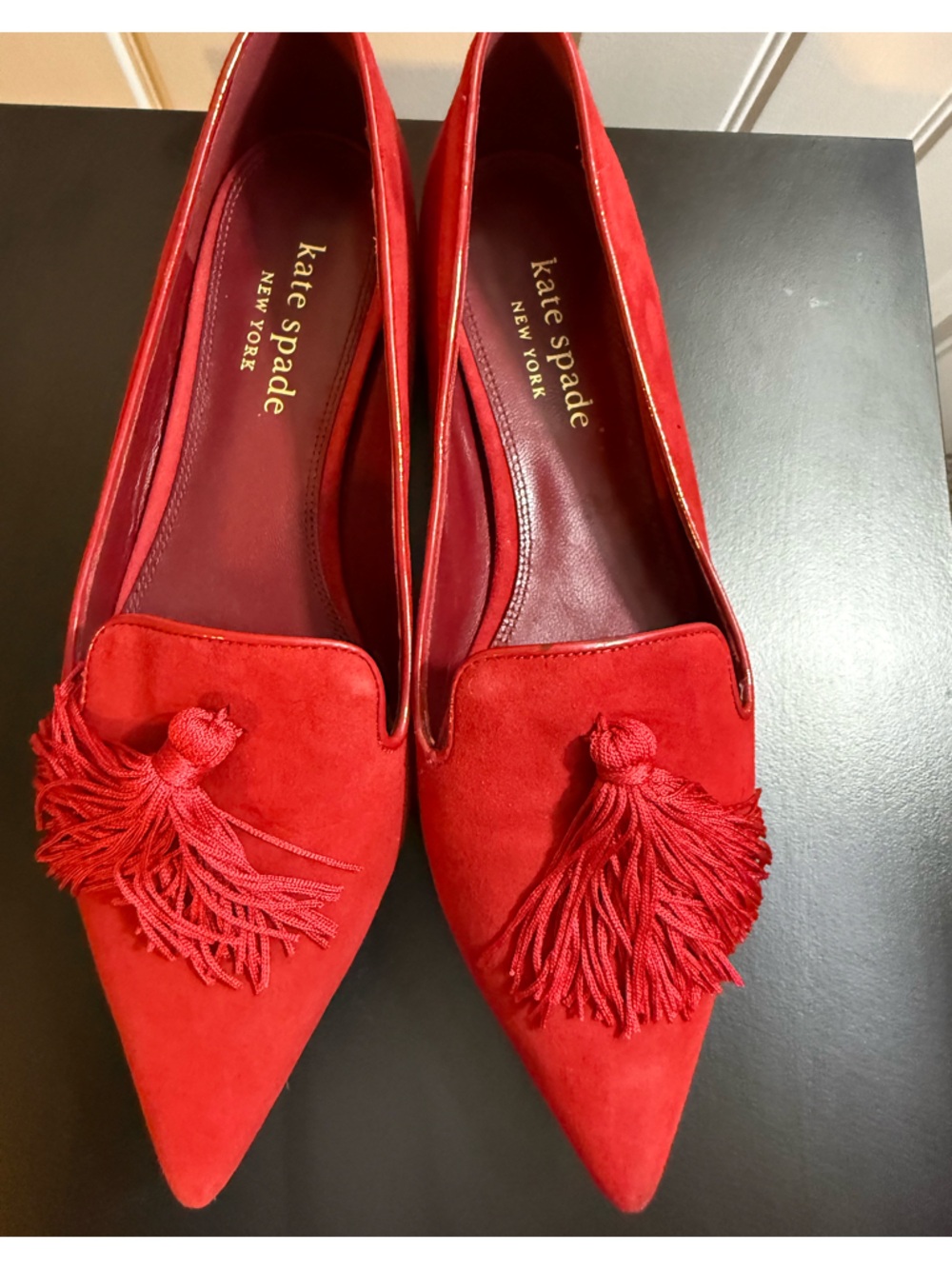 Kate Spade Adore Red Kid Suede Tassel Pointed Toe Flats Women’s Size 8.5B - Picture 3 of 9